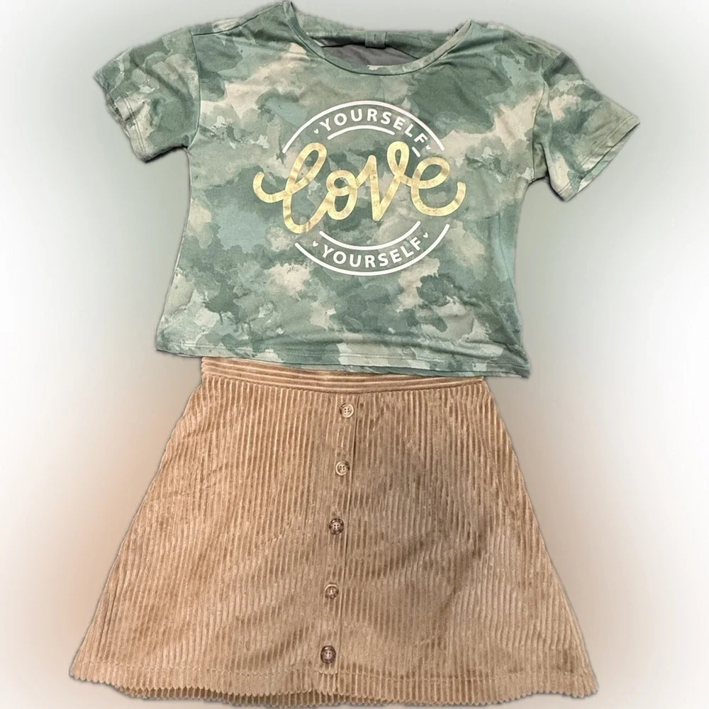 Green Camo Love T-Shirt and Tan Corduroy Skirt Set